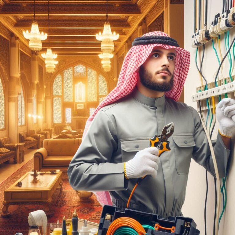 "فني كهربائي يقوم بأعمال صيانة كهرباء المنازل في المدينة المنورة باستخدام أدوات حديثة داخل منزل عربي"